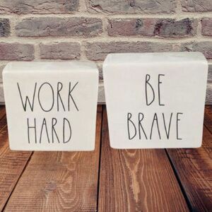 Rae Dunn WORK HARD / BE BRAVE Double-Sided Ceramic Plaque Desk Paperweight